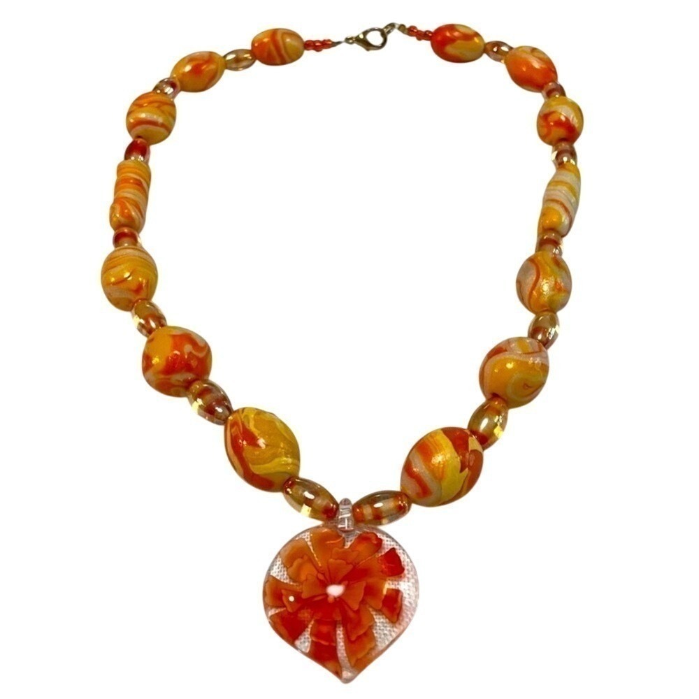 Murano Style Necklace Glass Heart Pendant Beads 20" Orange Yellow  Jewelry